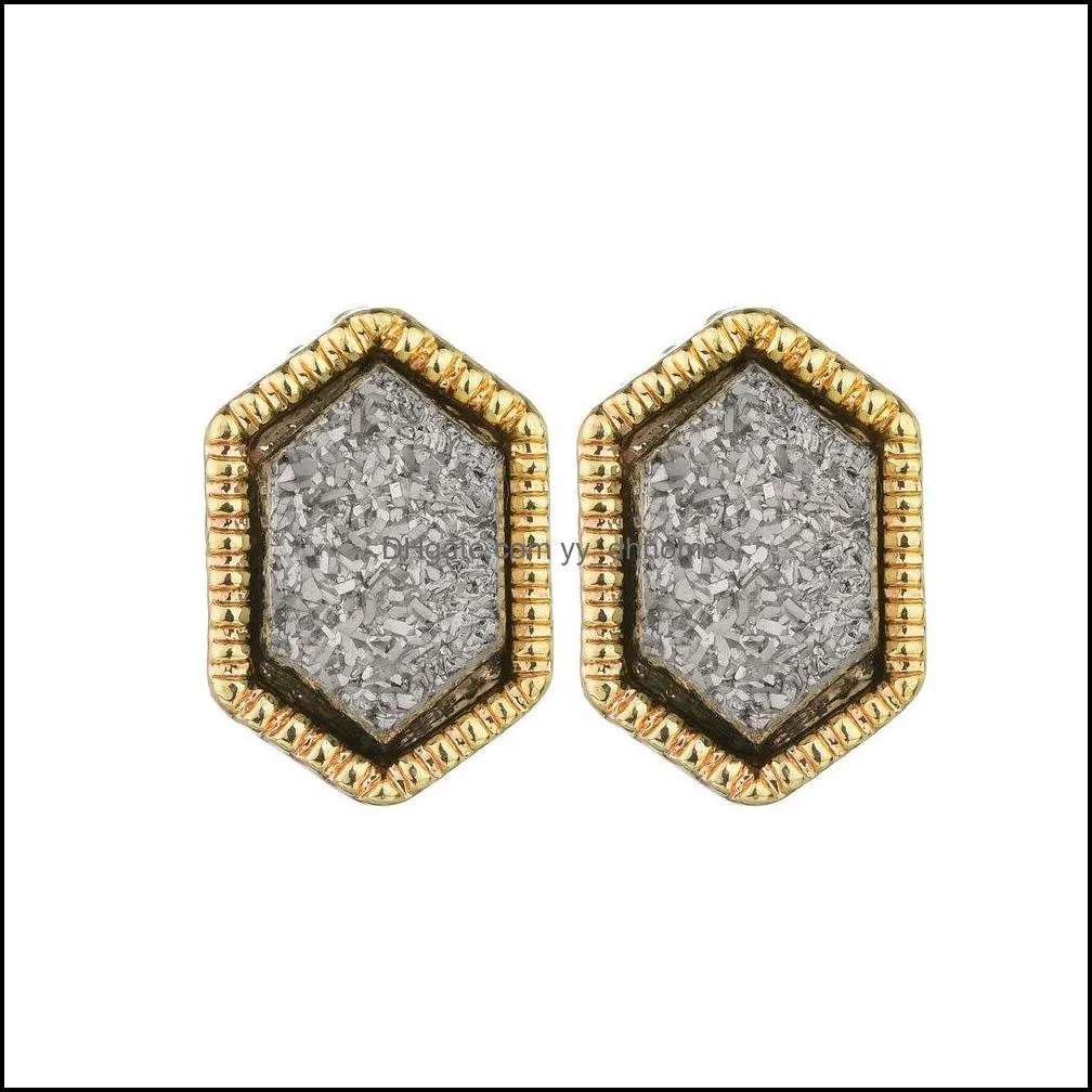 women hexagon druzy drusy stud earrings golden plated mini gold purple resin studs earring christmas gift