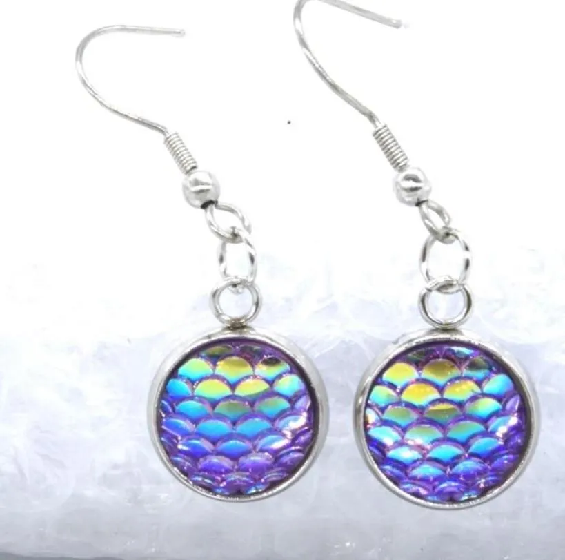 12 colors stainless steel metal 12mm fish scale earrings bright druzy mermaid scale cabochon hook earrings for women jewelry