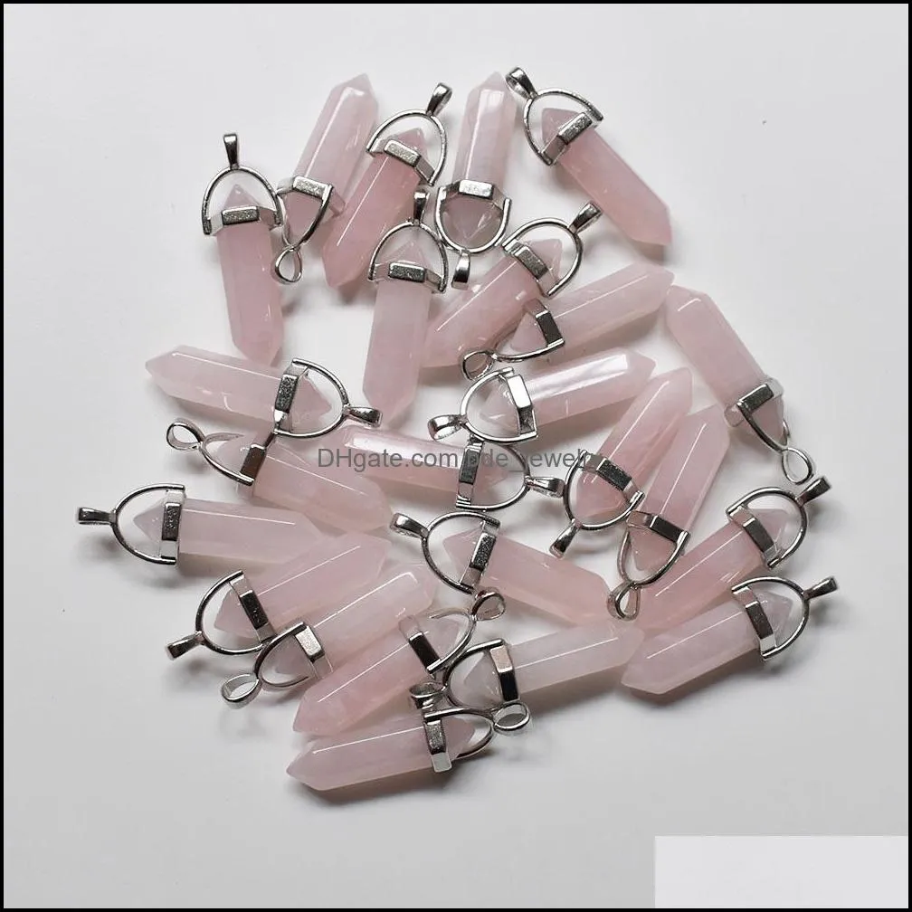 natural stone pink hexagonal pillar charms pendulum rose quartz stone chakra handmade silver color pendants for jewelry making wholesale