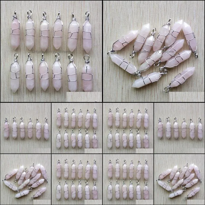 hexagonal natural stone charms pink rose quartz pillar shape point handmade iron wire pendant for jewelry making