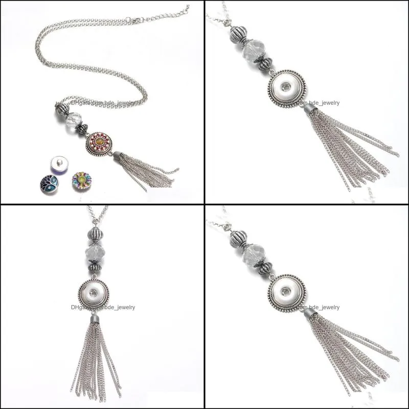 snap button jewelry long chain tassel rhinestone pendant fit 18mm snaps buttons necklace for women men noosa