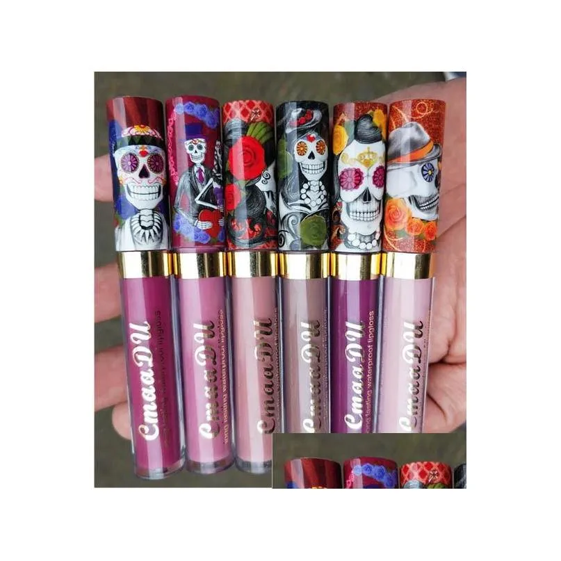 cmaadu lip gloss skull design matte liquid lipglosses 6 colors waterproof metal pearlescent longlasting lips gloss wholesale makeup