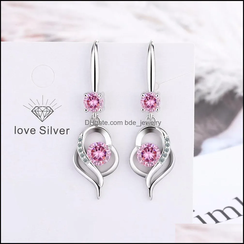 heart charms s925 stamp silver earrings blue pink white zircon earring jewelry shiny crystal tassel hoops piercing earrings for women wedding party