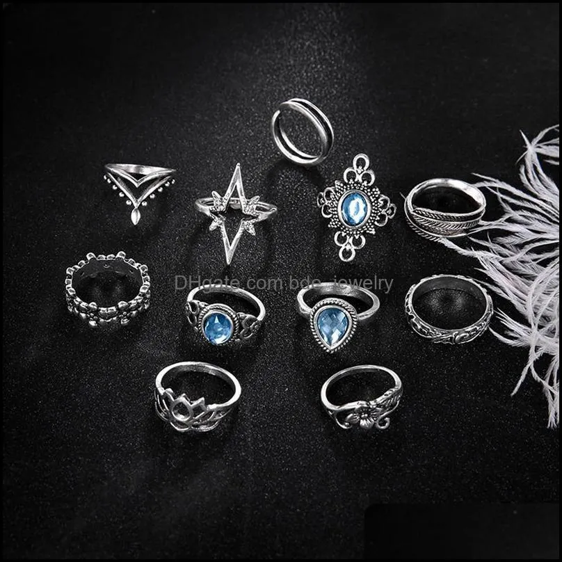 knuckle ring set retro diamond carved starry gemstone 11 piece set boho can be superimposed ring female silver