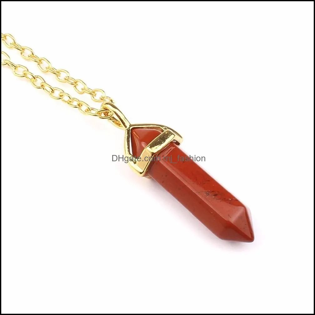 gold hexagonal pointed reiki natural stones turquoise pink quartz pillar charms pendant necklace for women men gift accessories