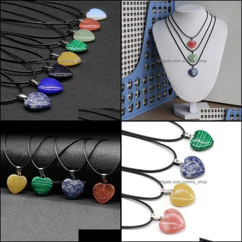 heart shape stone crystal quartz opal pendant necklace leather chains for men women fashion jewelry
