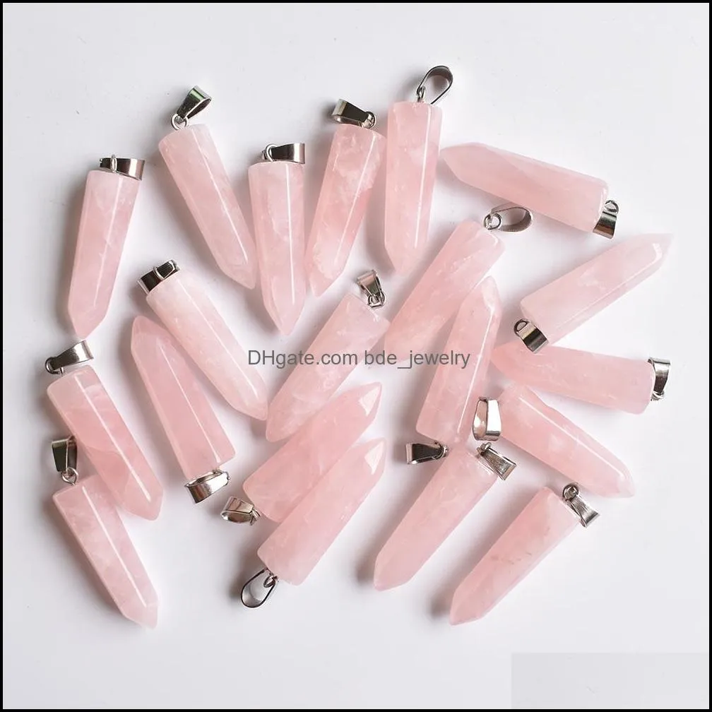 natural stone hexagonal pillar charms pendulum rose quartz stone chakra handmade silver color pendants for jewelry making wholesale