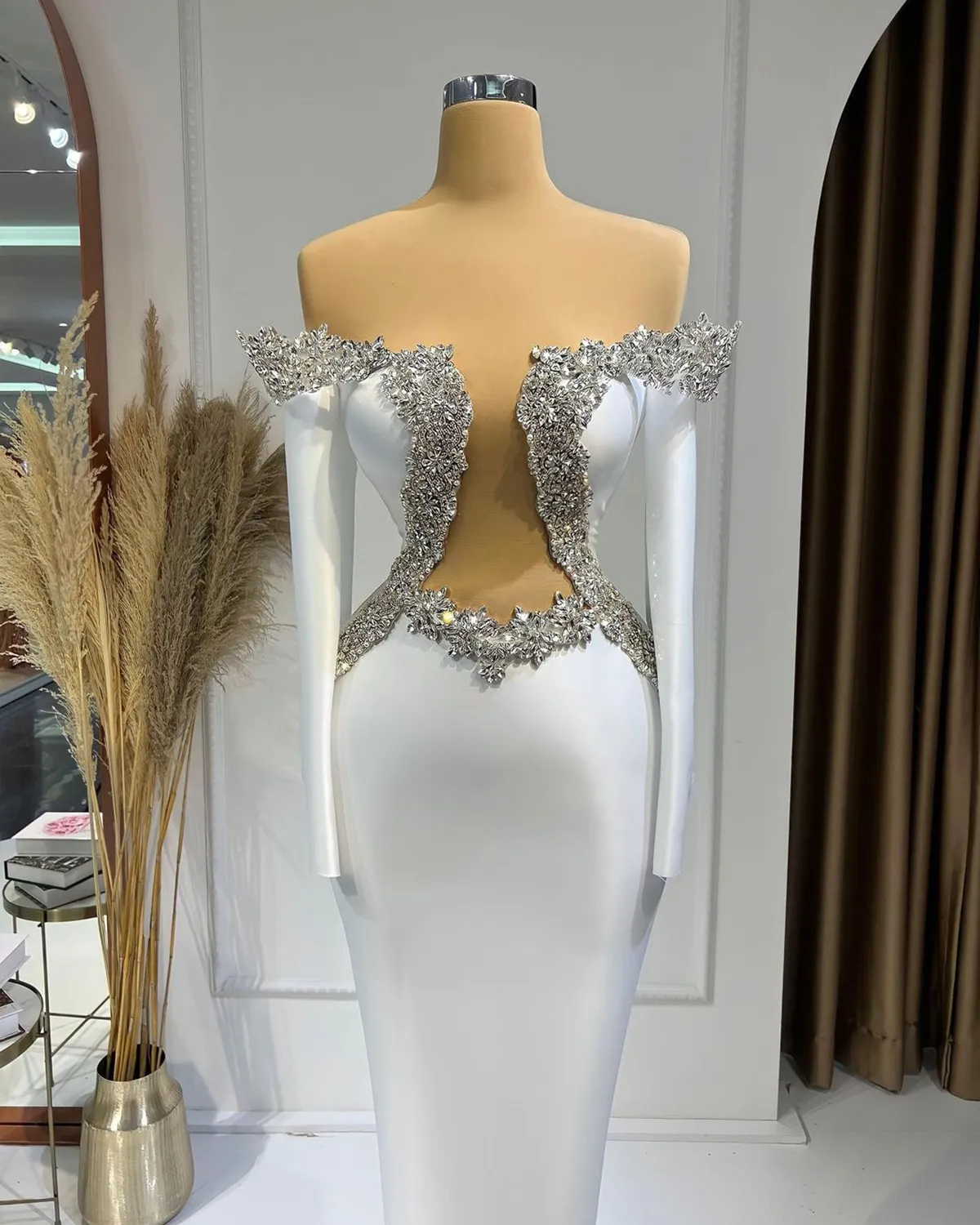 Elegant Mermaid Wedding Dresses Art Deco-inspired Transparent Neck Beaded Satin Applicants Backless Floor Length Custom Made Plus Size Vestidos De Novia