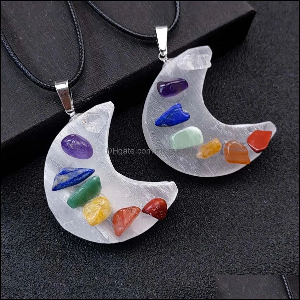 healing gypsum crescent moon stone pendant seven chakra necklace reiki crystal agate for necklaces women jewelry