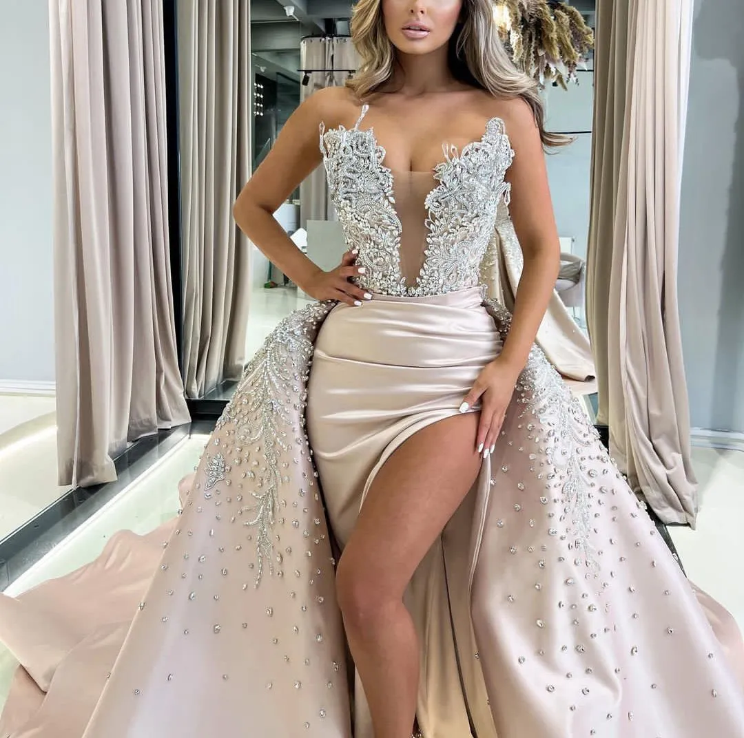 Exquisite Mermaid Prom Dresses Sleeveless V Neck Lace Satin Appliques Sequins Floor Length Bead Side Slit Diamonds Evening Dress Bridal Gowns Plus Size Custom Made