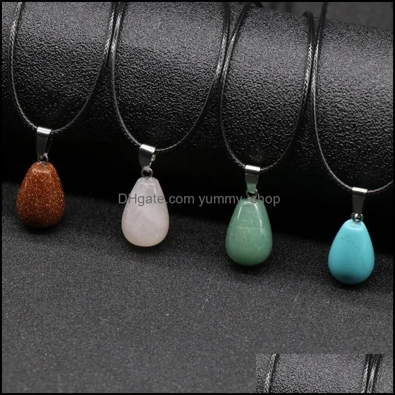 waterdrop stone crystal quartz opal pendant necklace leather chains for men women fashion jewelry
