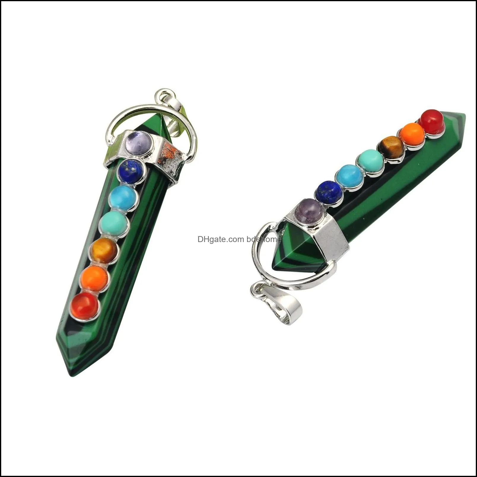 wholesale malachite hexahedron reiki point pendants with 7 chakra crystal gemstone for women men jewelry necklace