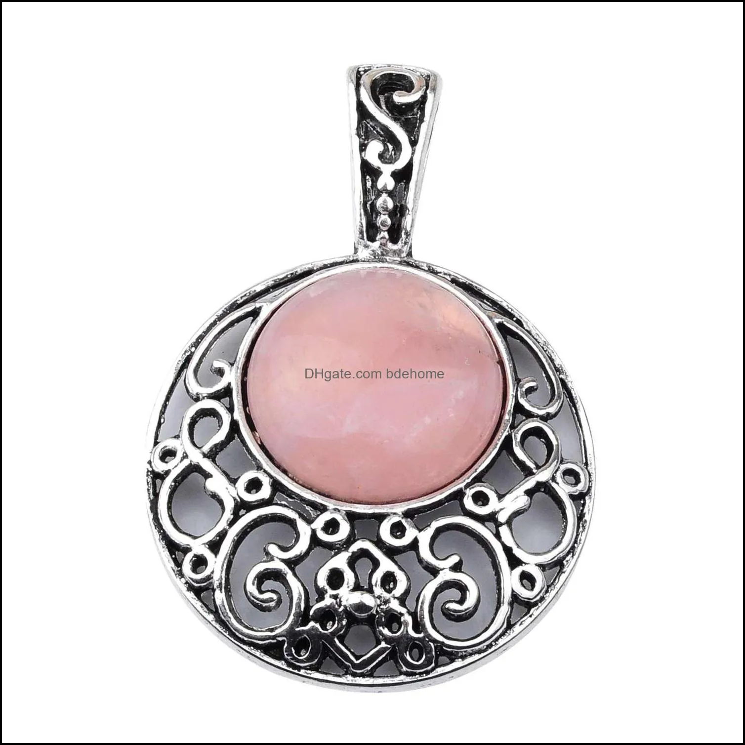 semi precious stone rose quartz pendants 40mm plated silver alloy 20mm cabochon crystal women necklace jewelry 60cm chain