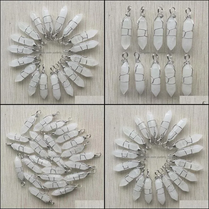 healing white cyrstal pillar shape point pendulum stone charms handmade iron wire pendants for fashion jewelry making wholesale