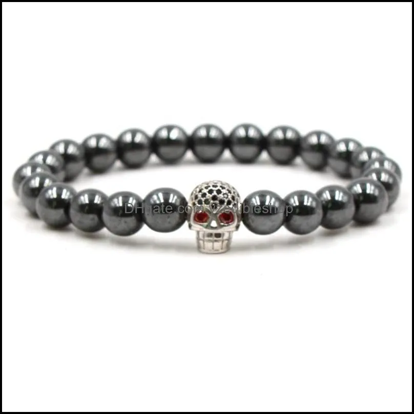 fashion 10pc/set wholesale quality bead stone with black skull macrame bracelet for men