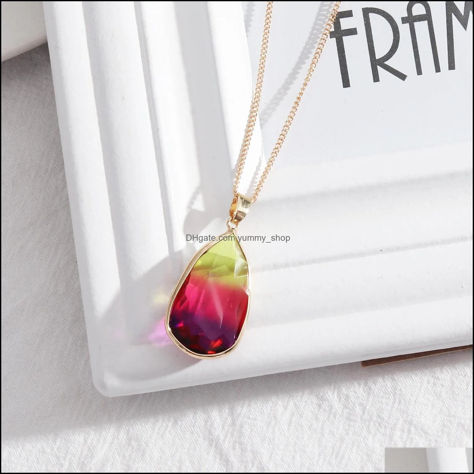 waterdrop facet colorful glass pendant necklaces geometric charms 50cm gold chain accessories body jewelry