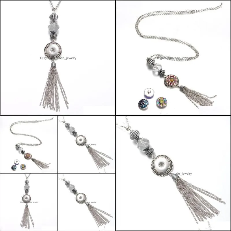 snap button jewelry long chain tassel rhinestone pendant fit 18mm snaps buttons necklace for women men noosa