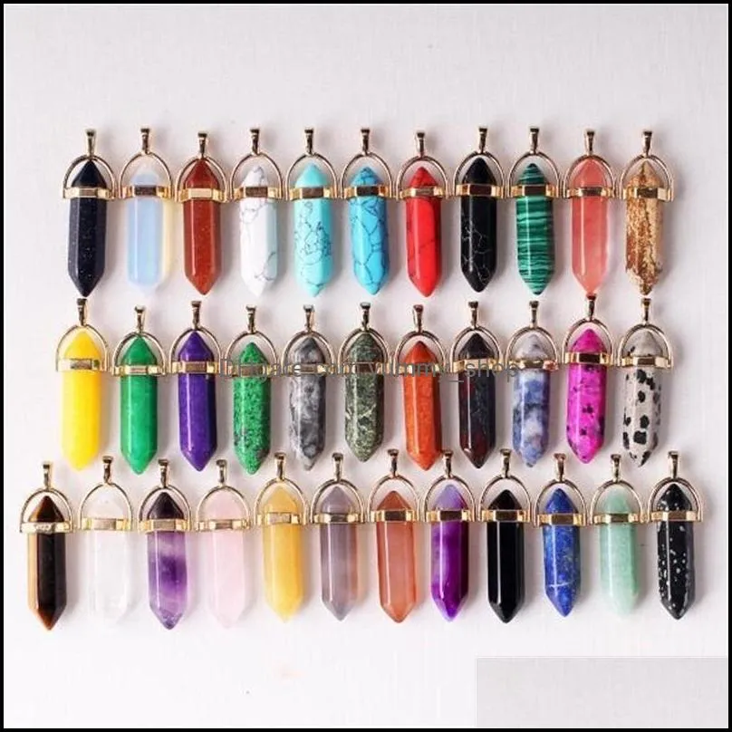 silver gold metal natural stone pillar pendulum charms chakra hexagonal prism healing crystal reiki point pendants for necklace jewelry