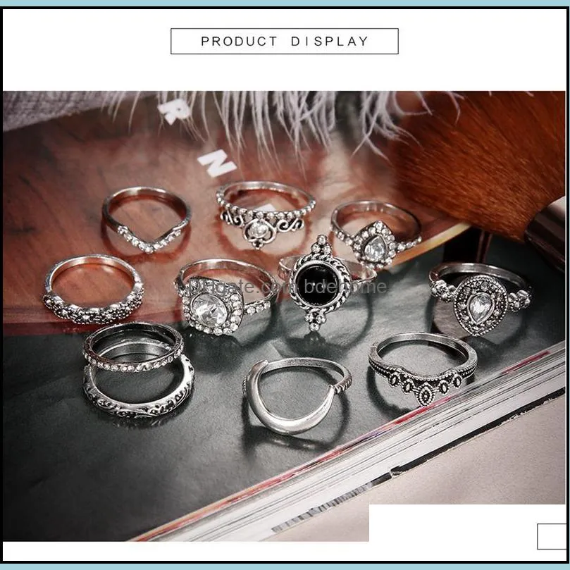 retro knuckles ring set womens girls can stack rings silver full diamond glass crystal moon ring set