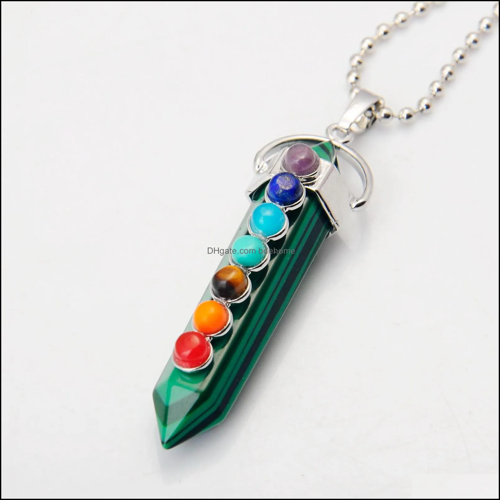 wholesale malachite hexahedron reiki point pendants with 7 chakra crystal gemstone for women men jewelry necklace