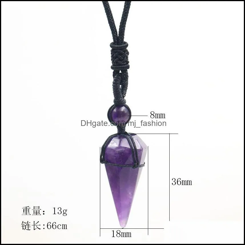 healing hexagonal pyramid stone amethyst pink crystal quartz opal pendant necklace rope chains for men women fashion jewelry