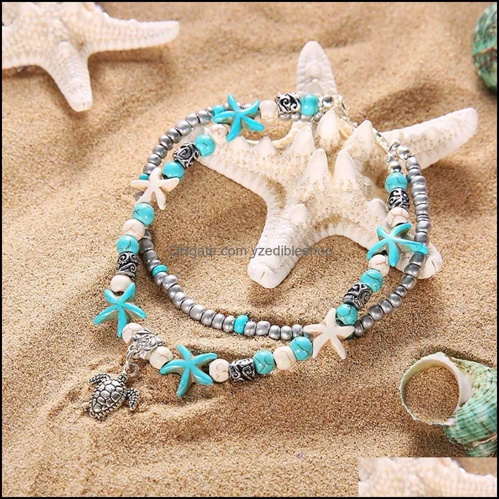 boho double anklets conch starfish sand turtle pendant foot chains turquoise stone beads charm beach bracelet anklets