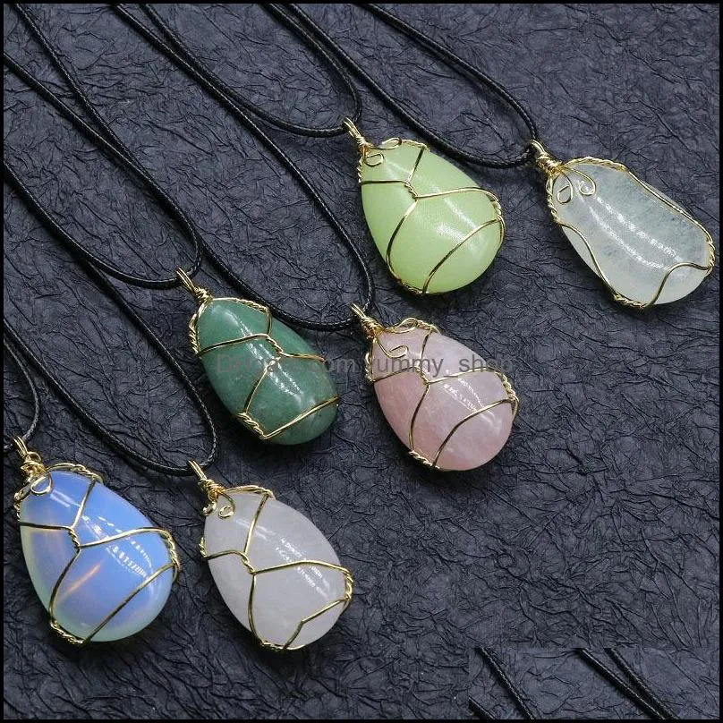 gold copper wire wrap natural stone oval teardrop pendant reiki healing crystal necklace pink quartz chakras pendulo jewelry