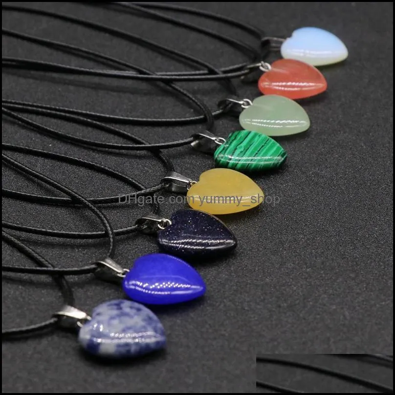 heart shape stone crystal quartz opal pendant necklace leather chains for men women fashion jewelry