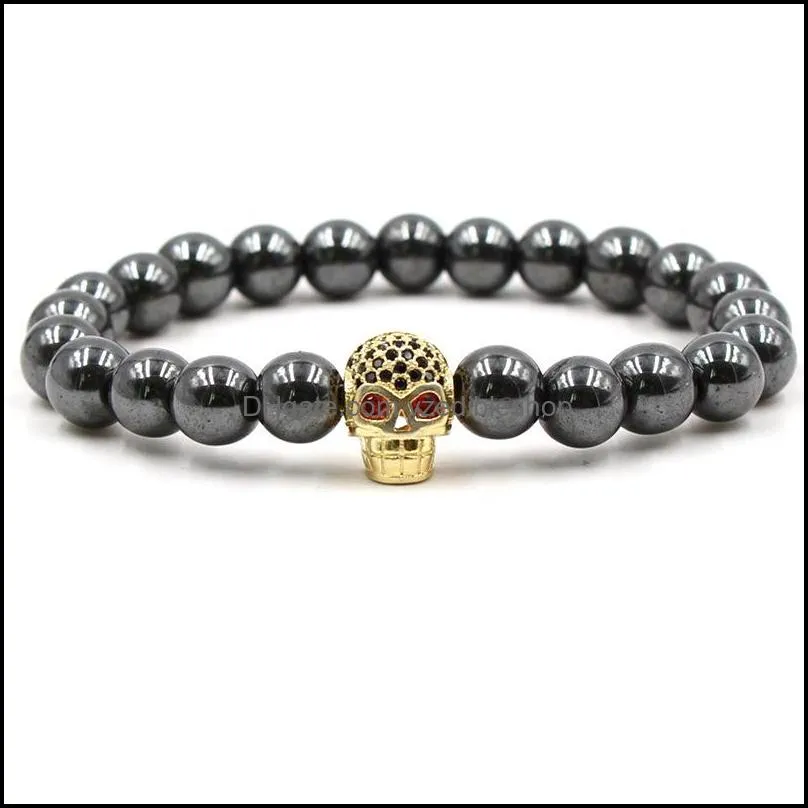 fashion 10pc/set wholesale quality bead stone with black skull macrame bracelet for men