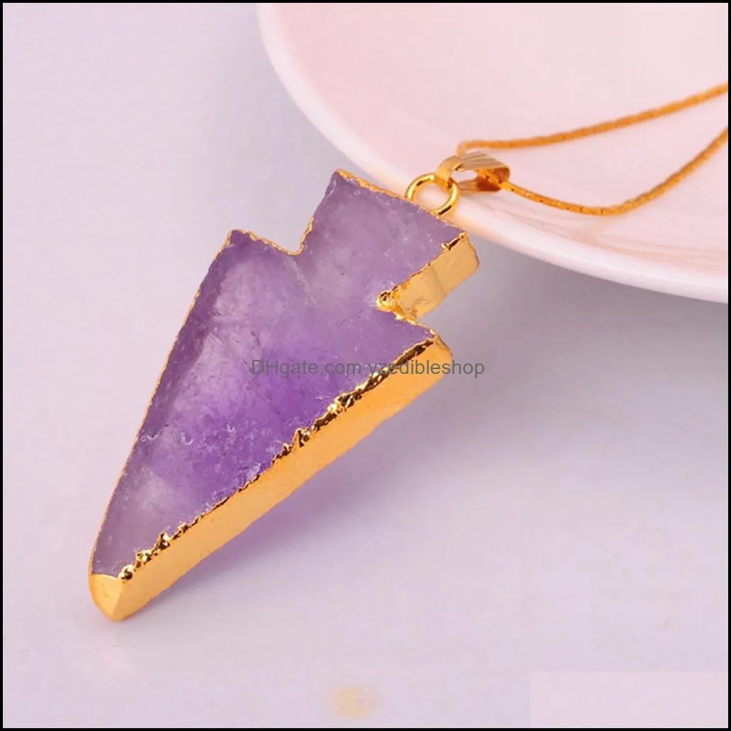 raw natural gem stone gilding arrowhead pendant necklace rose quartz amethyst