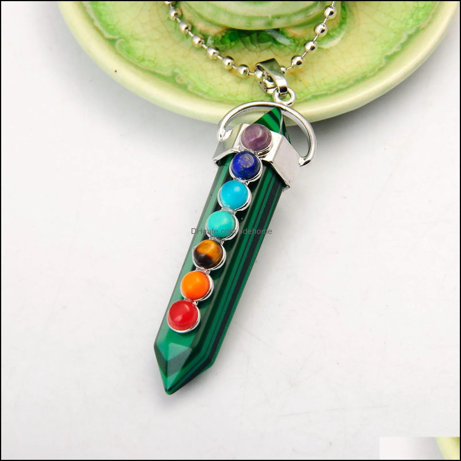 wholesale malachite hexahedron reiki point pendants with 7 chakra crystal gemstone for women men jewelry necklace