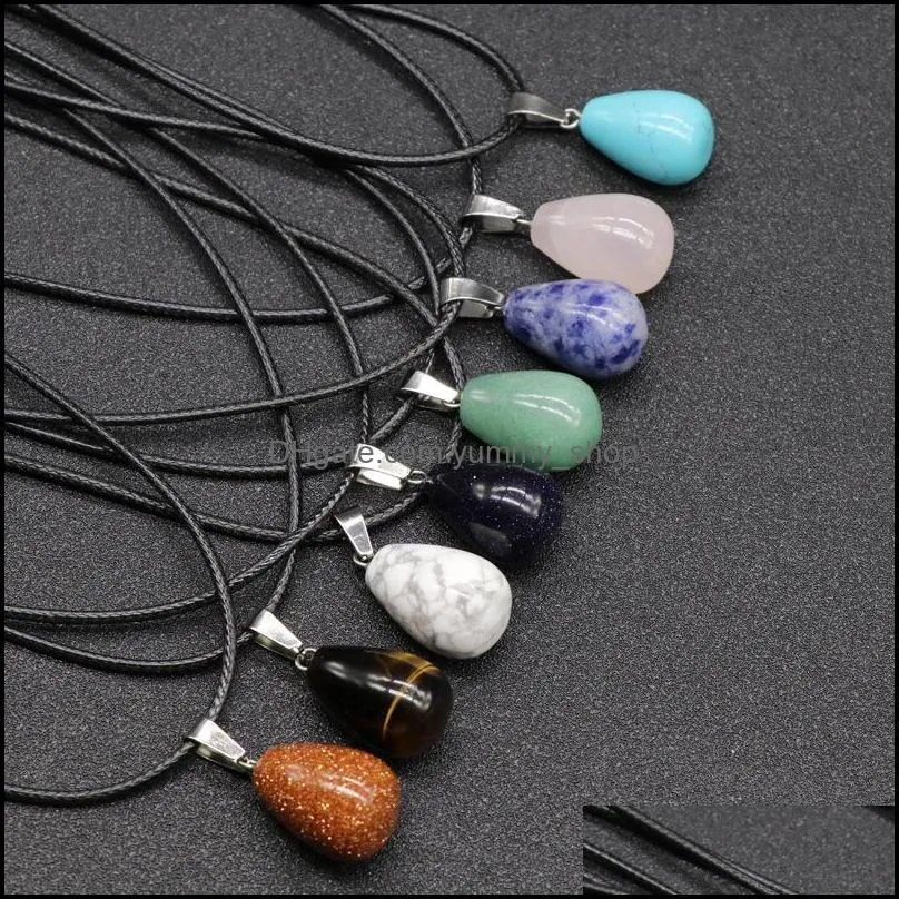 waterdrop stone crystal quartz opal pendant necklace leather chains for men women fashion jewelry