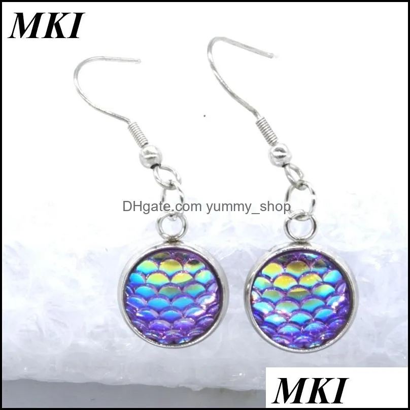 12 colors stainless steel metal 12mm fish scale earrings bright druzy mermaid scale cabochon hook earrings for women jewelry