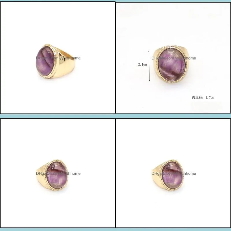 fashion gold plated oval amethyst quartz crystal rings geometric natural stone ring for women men jewelry gift