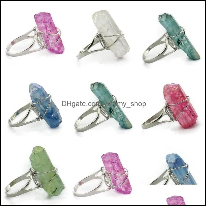 wire wrapping raw stone plated rings druzy healing crystal quartz healing point chakra stones charms opening ring for women men