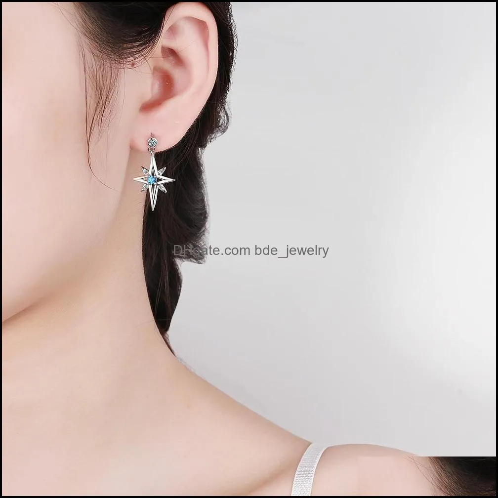 s925 stamp silver plated blue crystal shine star charms white zircon earrings stud type womens fashion jewelry earrings wedding party