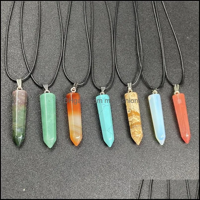 reiki healing stone pendulum hexagon point pendant energy amethyst tiger eye quartz crystal pillar rope chain necklaces fashion women men jewelry