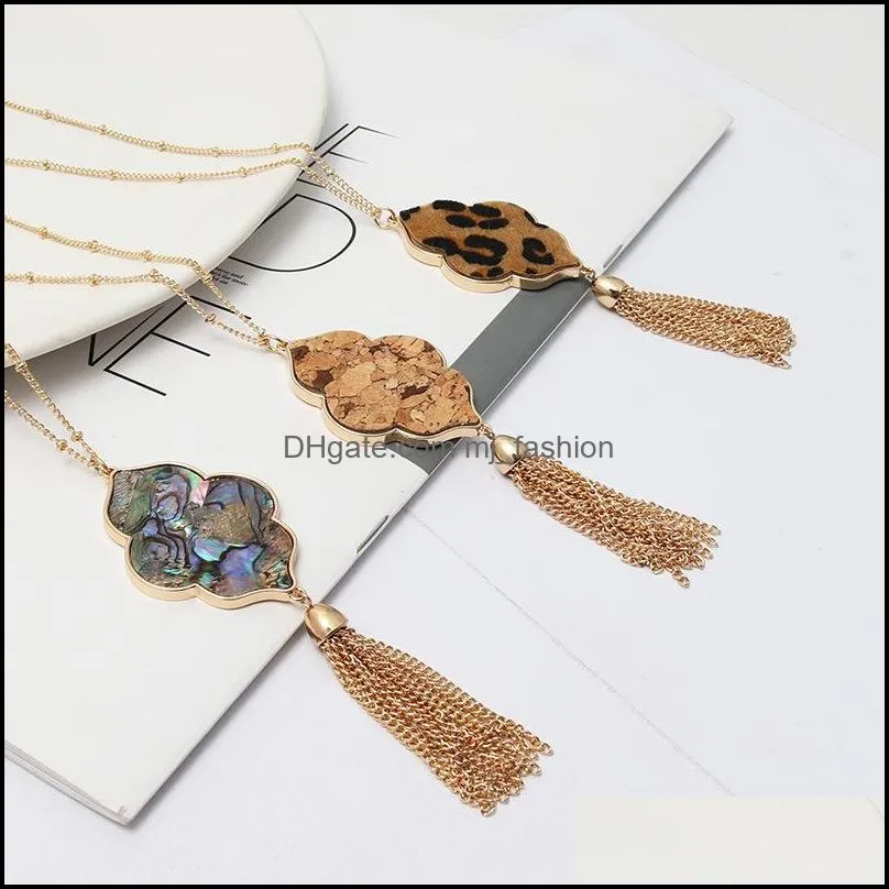 oval flower hexagon abalone shell leopard pendant necklace metal tassels long chain sweater necklace geometric jewelry