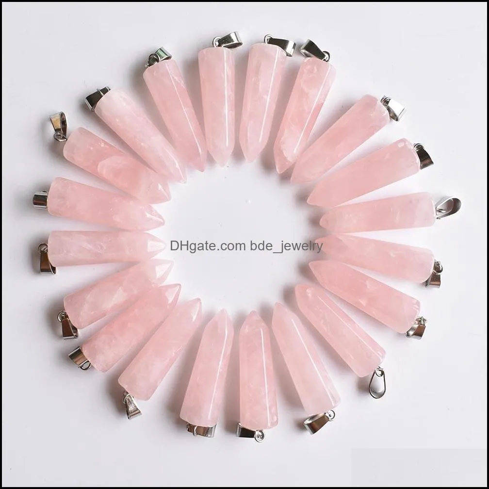 natural stone hexagonal pillar charms pendulum rose quartz stone chakra handmade silver color pendants for jewelry making wholesale