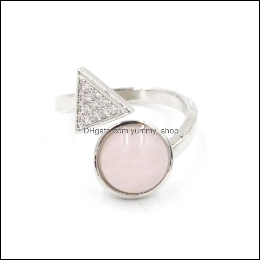 round stone triangle crystal quartz healing chakra opening rings pink purple natural stone rings kallaite for women men