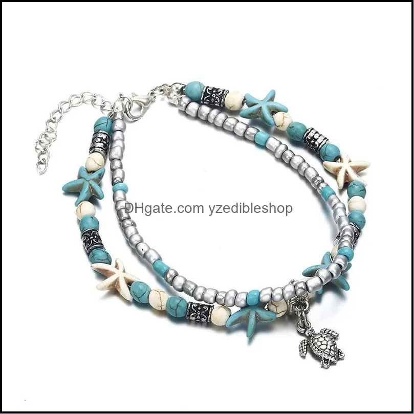 boho double anklets conch starfish sand turtle pendant foot chains turquoise stone beads charm beach bracelet anklets