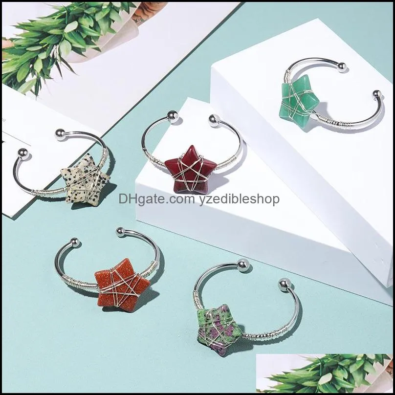 star gemstone cuff bracelet for women girls handmade silver wire woven lift of tree healing chakra crystal friendship bangle charms