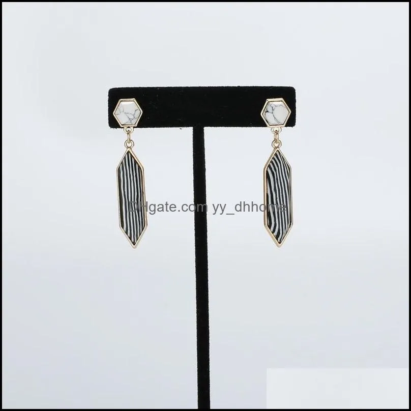 gold color turquoise metal hexagon zebra black stripe stone stud earrings for women jewelry
