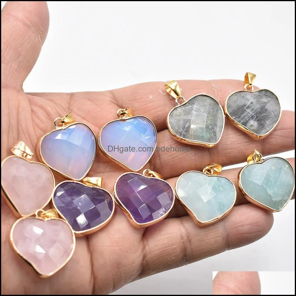 gold side natural crystal heart stone pendant 25mm charms rose quartz purple pendants for jewelry making