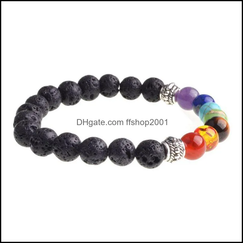 black lava stone jewelry 7 chakra bracelets strands 8mm yinyang rock bead elastic natural stones gemstones yoga menditation beads for men women