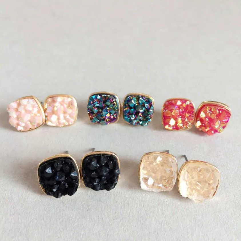 fashion druzy drusy stone stud earrings resin lava crystal earings gold color brand jewelry for women