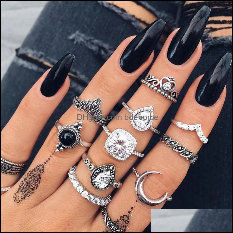 retro knuckles ring set womens girls can stack rings silver full diamond glass crystal moon ring set