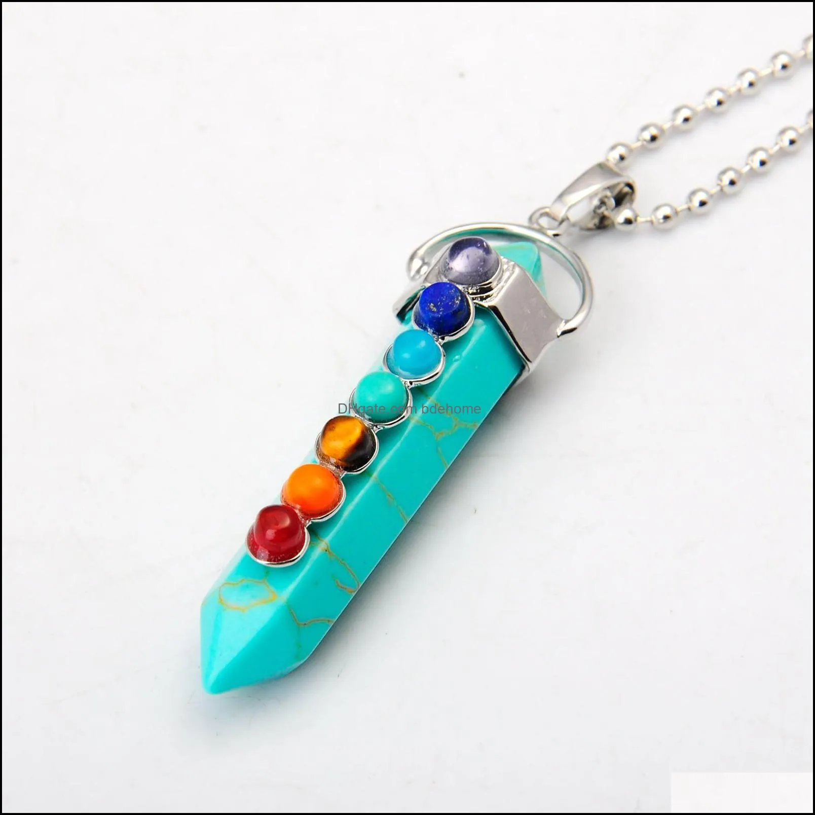 joyagift natural turquoise gemstone hexahedron pendulum pendants with 7 chakra crystal gemstone for women jewelry gift