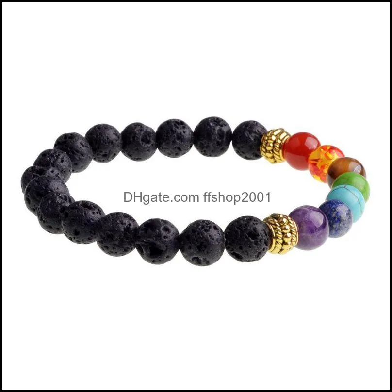 black lava stone jewelry 7 chakra bracelets strands 8mm yinyang rock bead elastic natural stones gemstones yoga menditation beads for men women