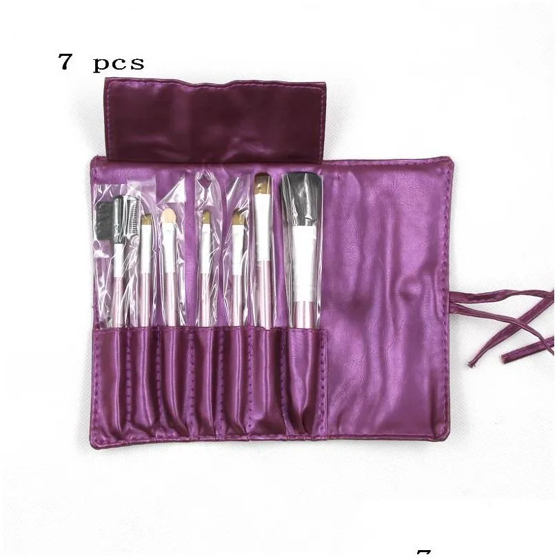 7 pcs purple make up brushes leather bag silver pink gold brown black wooden makeup brush